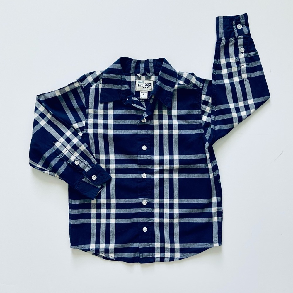 TCP Boys Blue Plaid Long Sleeve collar button down shirt XS 4